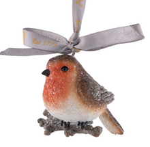 Load image into Gallery viewer, Decorative robin bird ornament with a gray ribbon on a white background