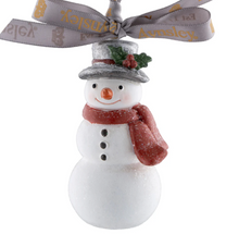 Load image into Gallery viewer, Decorative snowman ornament with a gray hat, red scarf, and ribbon on a white background
