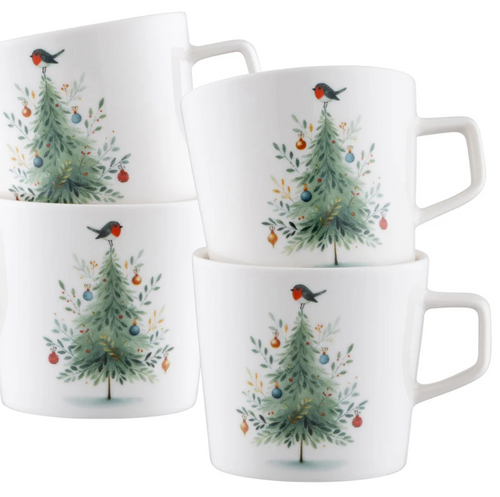 Set of four mugs with Christmas tree and robin design on a white background