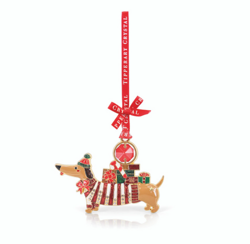 Dog-shaped Christmas ornament with a red ribbon and 'Crystal' text on a white background