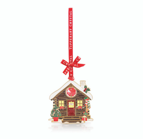 Decorative cabin ornament with a red ribbon and 'Crystal Tipperary' text on a white background