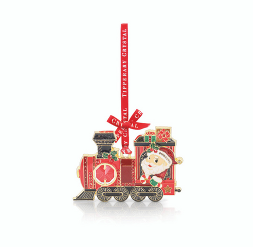 Decorative train ornament with Santa Claus on a white background