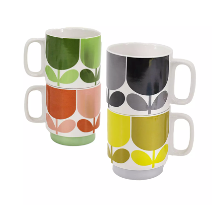 Featuring another one of her instantly recognizable designs, Block Flower, this set of 4 stacking  mugs in a jaunty colour combination are functional, affordable and very acceptable as a gift. Size 113x83x99mm.  